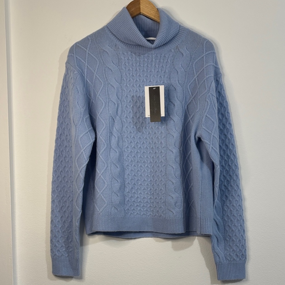 Magaschoni NWT 100% cashmere Sky Blue Cable Knit Turtleneck Sweater XL